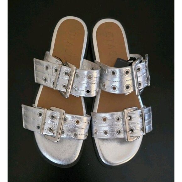 Giason Leather Double Strap Sandals Size 9 Silver Buckles Slip-on New - Picture 2 of 7